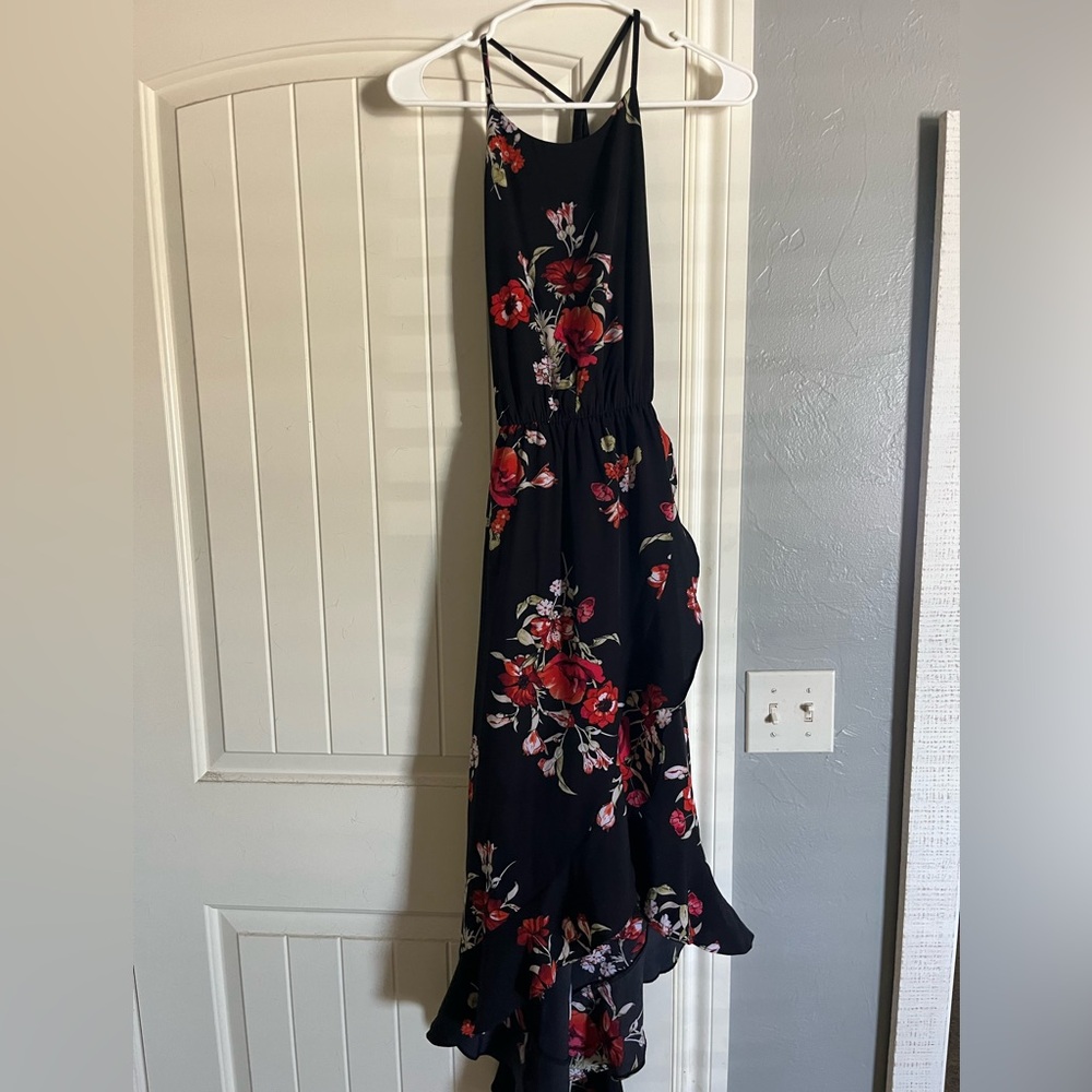 black ankle length dress with rose detail
